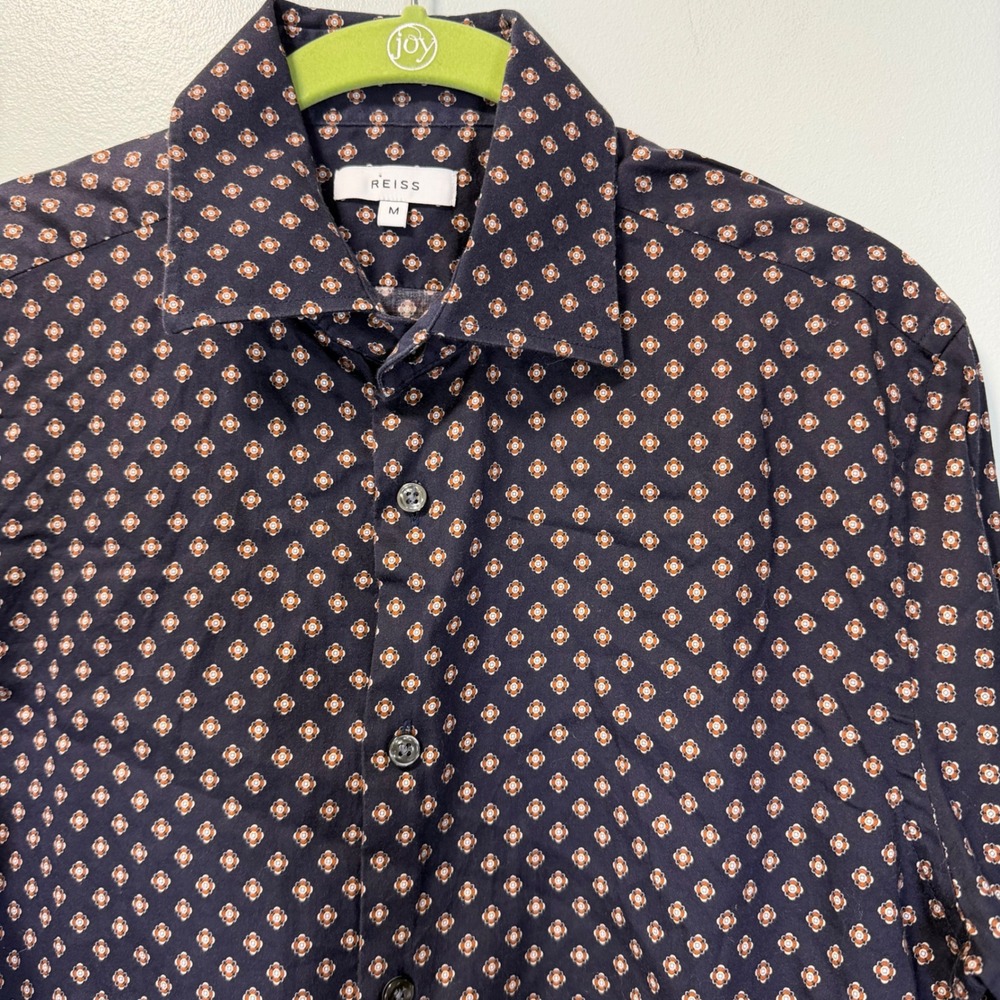 Reiss‎ Pisa Mens Medium Navy Blue Geometric Floral Medallion Cotton Button Down